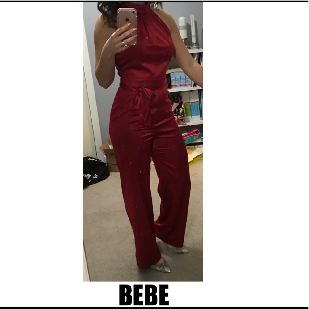 BEBE RED SATIN JUMPSUIT - Picture 2 of 4